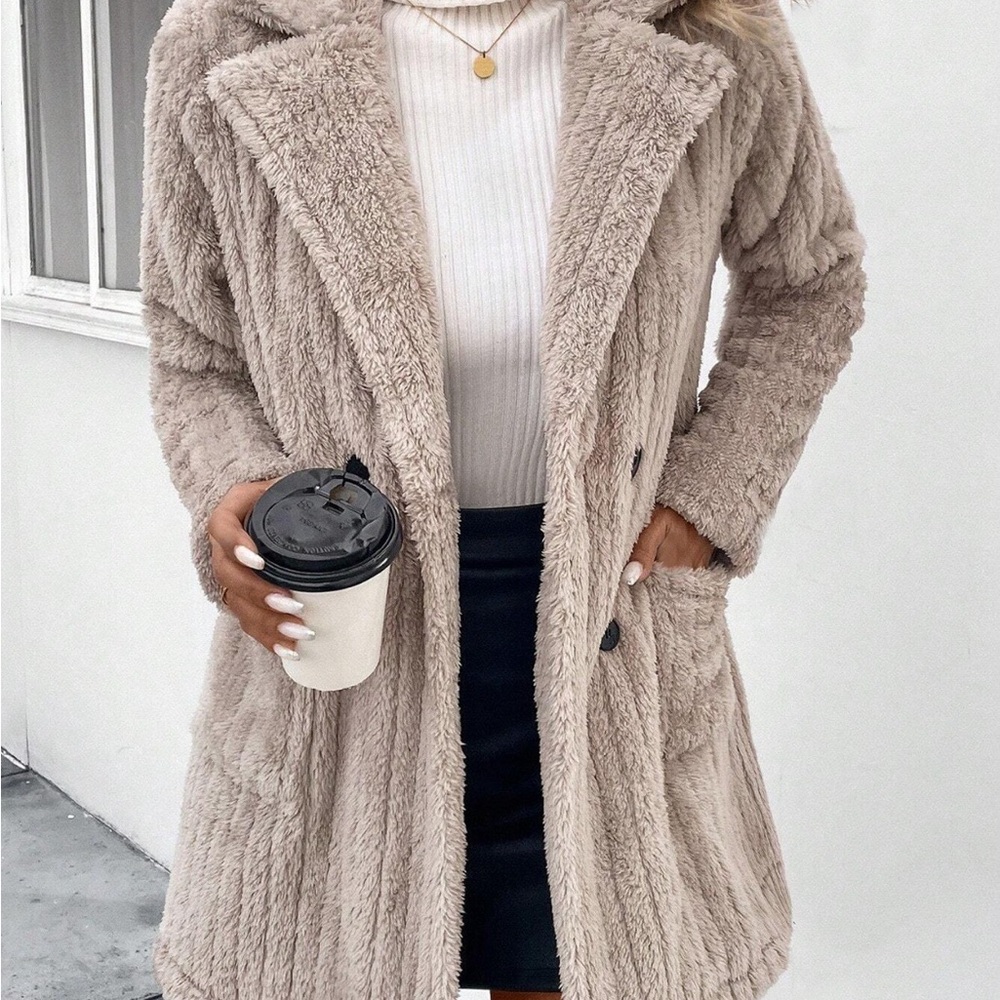 Fuzzy Button Up Long Sleeve Coat with Pockets